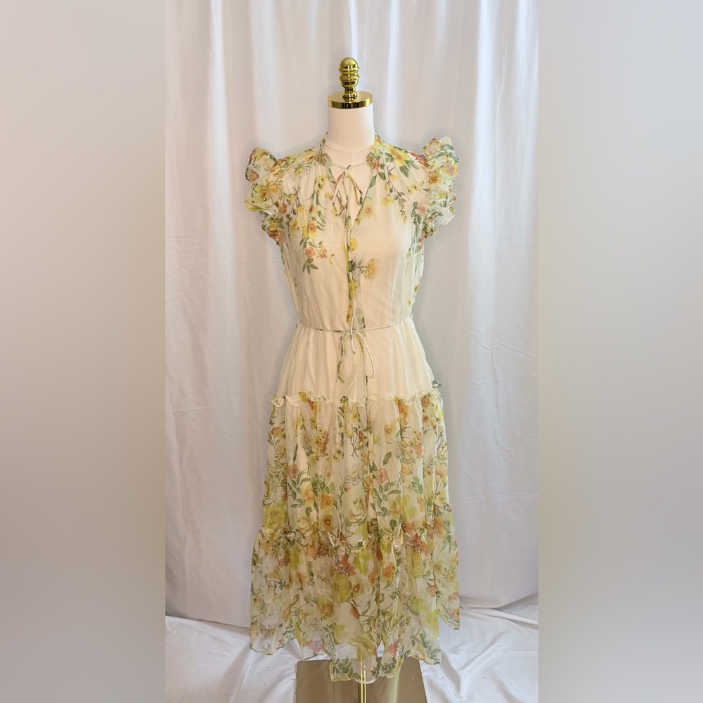 Lulus Yellow Floral Tie Waist Midi Dress XS Ruffle Shoulder Wedding Guest NWT